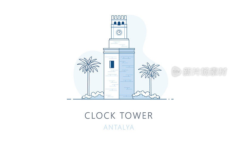 土耳其安塔利亚的钟楼。安塔利亚著名地标，旅游景点，天际线矢量插图，网页线形图，移动应用程序和测谎仪。