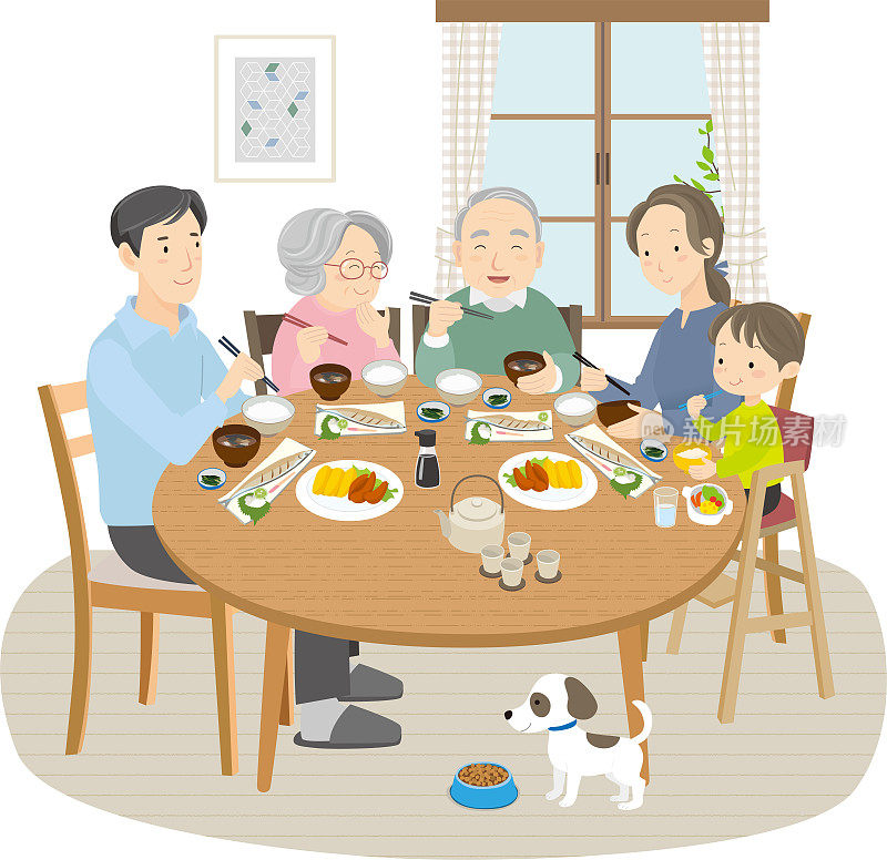3代家庭餐桌，5个人和1只狗