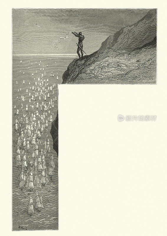 骑士站在悬崖边看舰队，中世纪的骑士传奇