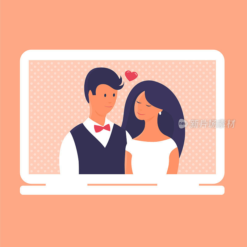 与新娘和新郎在网上用笔记本电脑举行婚礼