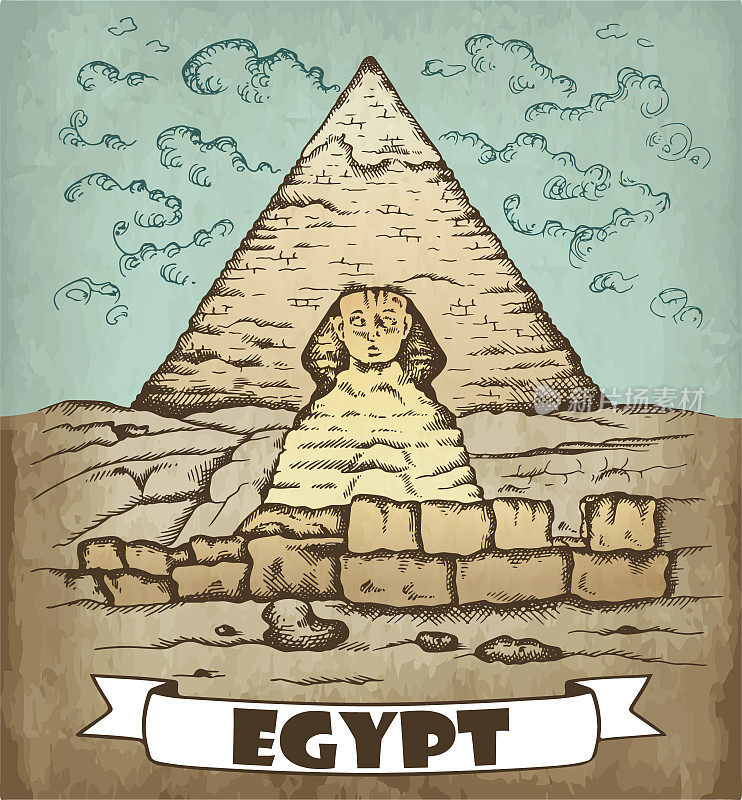 手绘埃及彩色海报素描。画了吉萨的狮身人面像，勾勒了开罗的风景，画了胡夫金字塔，胡夫金字塔，沙漠
