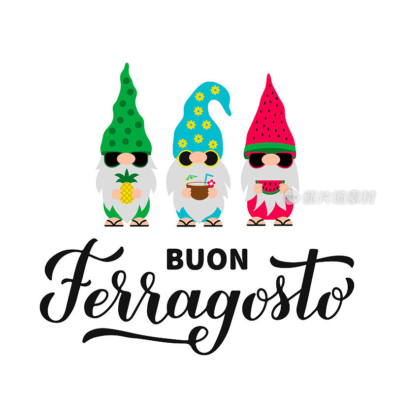 布昂·菲拉格斯托的书法和可爱的小精灵手字。用意大利语说，八月节快乐。意大利的传统暑假。矢量模板印刷海报，横幅，邀请