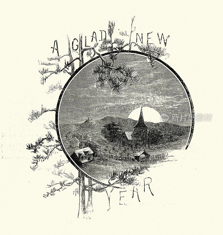 一个金色的新年，满月升起在村庄，维多利亚，19世纪风格的复古插图