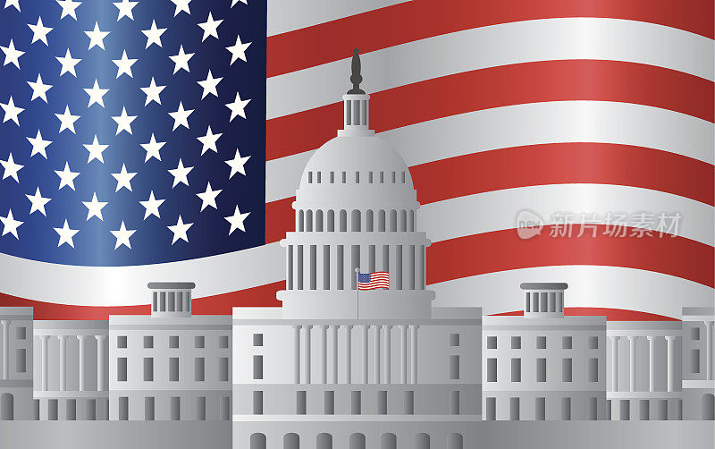 华盛顿特区国会大厦美国国旗背景矢量插图