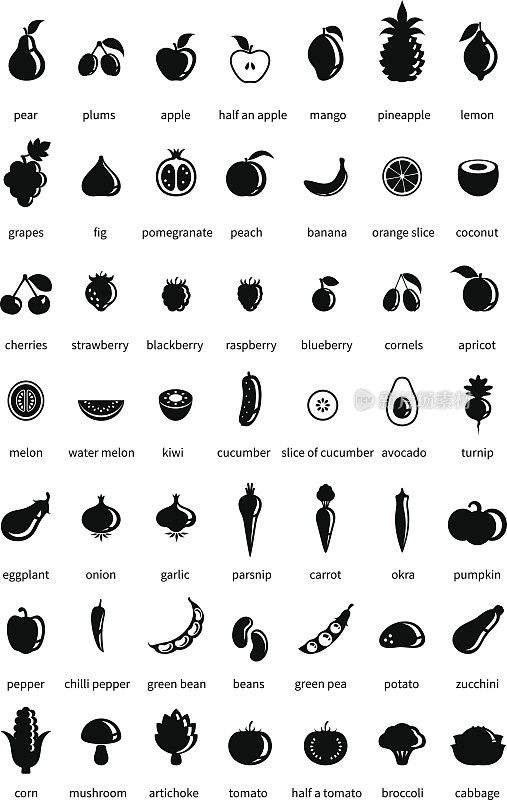 黑色和白色的水果和蔬菜图标