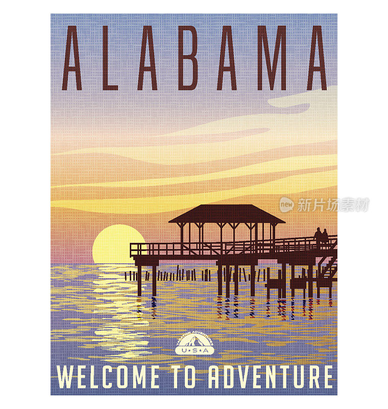 美国阿拉巴马州旅行海报或行李贴纸。日落时分在海湾沿岸的一个钓鱼码头的风景插图。