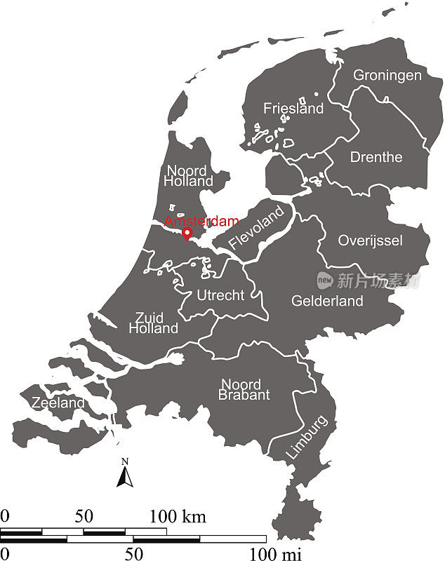 荷兰地图矢量轮廓与比例尺和州或省