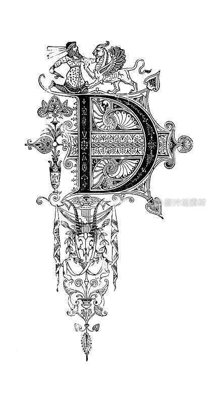 描绘字母w的罗马式新古典主义设计