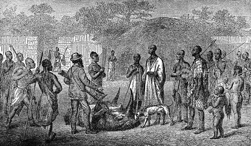 维多利亚时代的土著非洲村庄和殖民地的版画