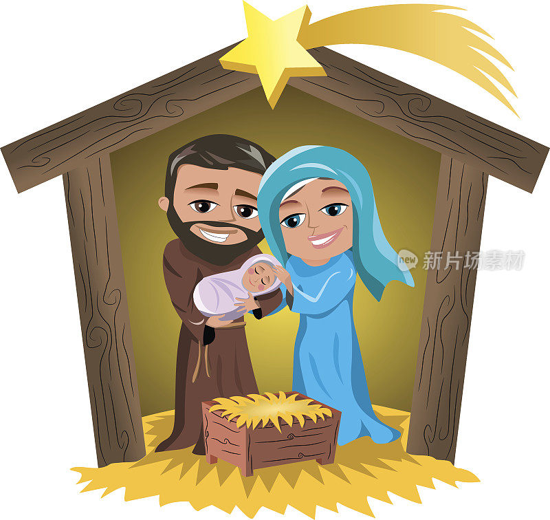 圣诞节耶稣诞生场景约瑟马利亚与新生的耶稣小屋隔绝