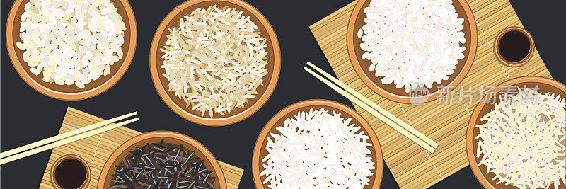 横幅和不同类型的米饭在碗。印度香菇，野香，茉莉花，棕色长条，arborio，寿司。筷子