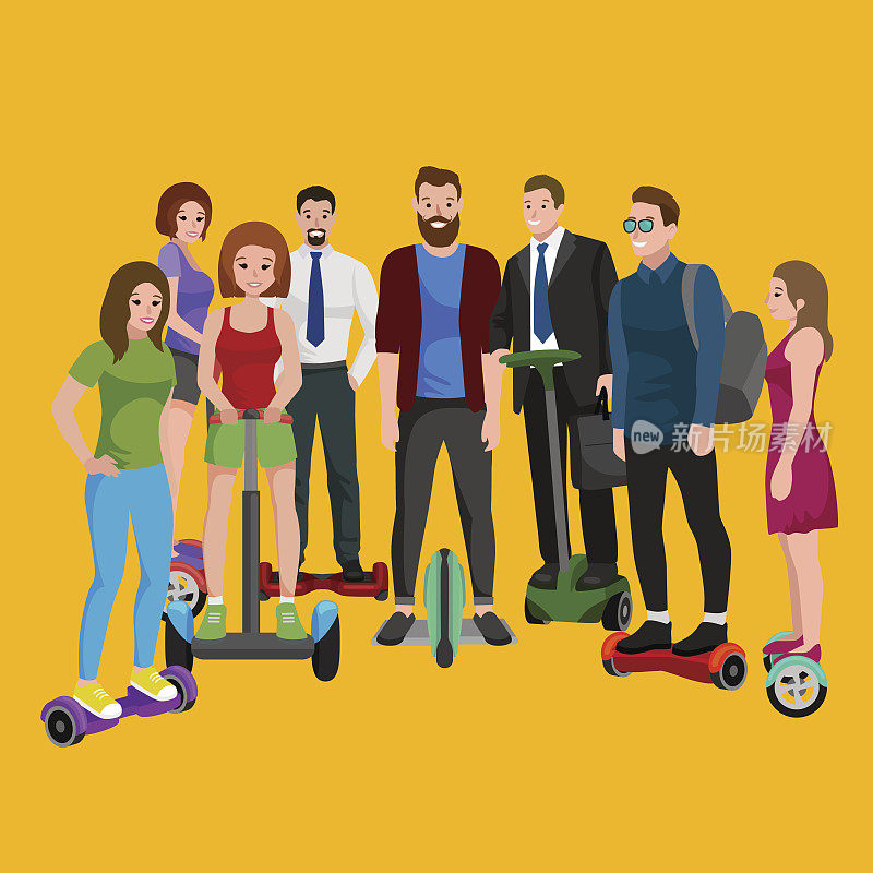 活跃的人们玩电动滑板，家庭用新式现代科技悬浮滑板，男人女人和孩子自平衡轮运输陀螺滑板骑街头矢量插画
