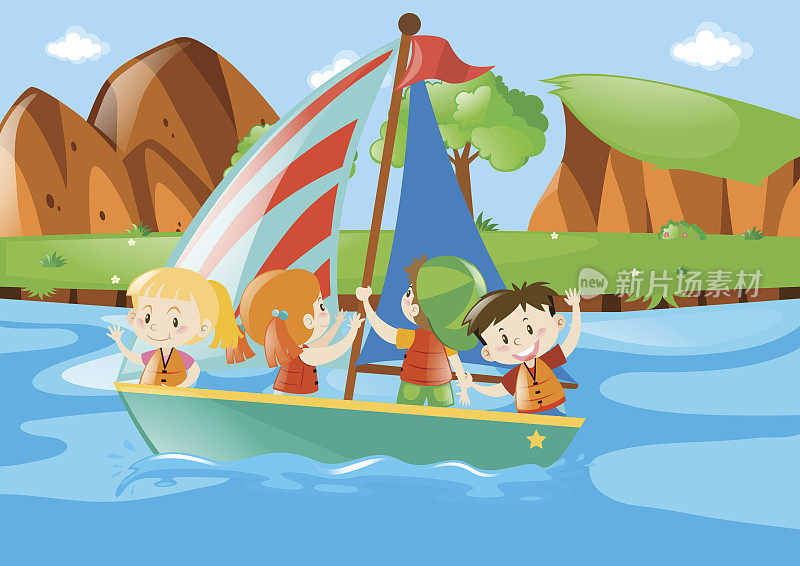 四个孩子在河里划船