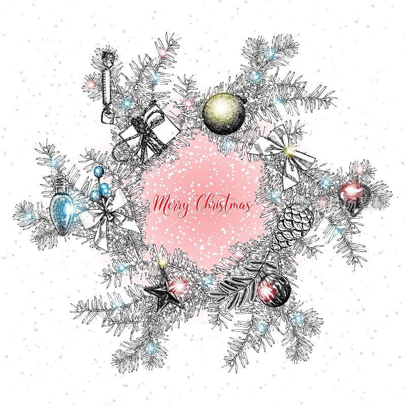 圣诞快乐的文字装饰手绘花环框架和树枝与礼物和浆果。贺卡的设计。画笔字体排版。