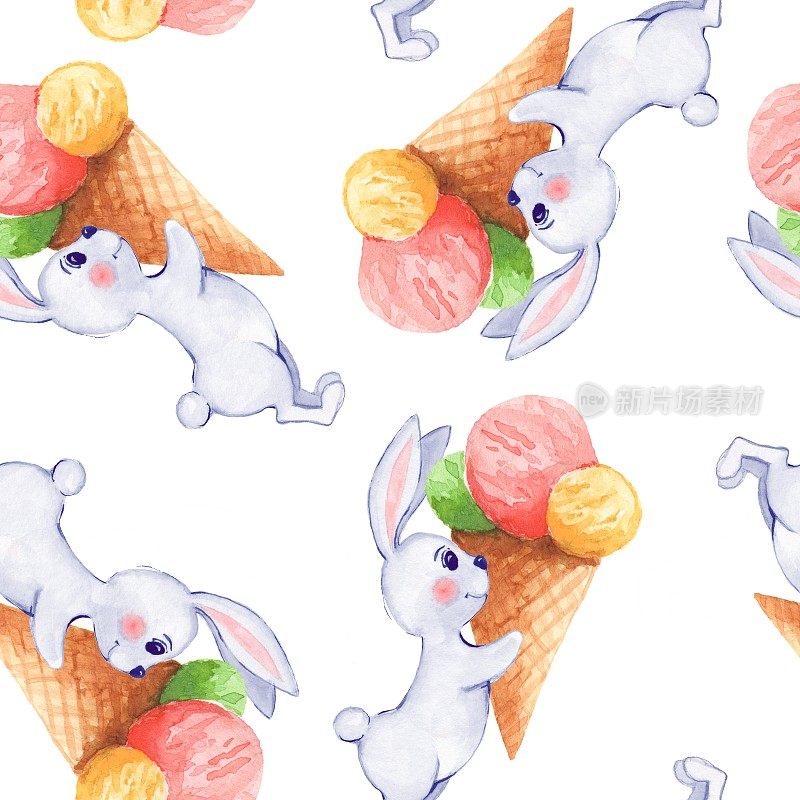 无缝图案与白兔和冰淇淋