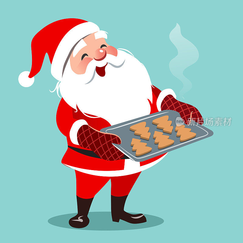 矢量卡通插图可爱的圣诞老人站着，拿着烤盘与圣诞树形状的饼干。圣诞烹饪主题设计元素在当代扁平风格，孤立的水