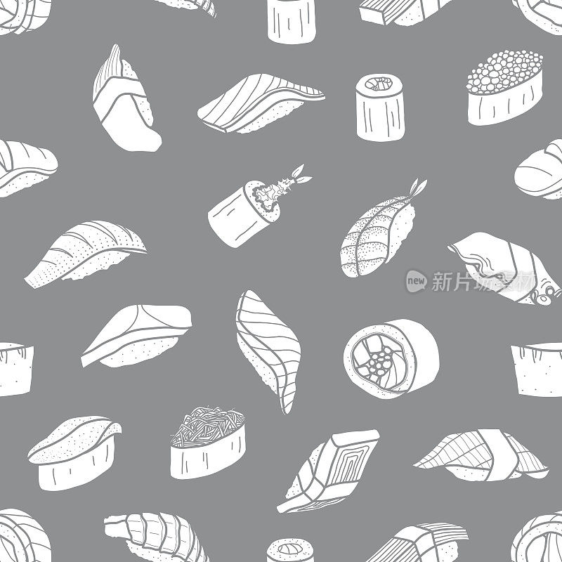 白色剪影寿司随机在灰色背景。可爱的日本美食插画手绘风格。无缝模式。