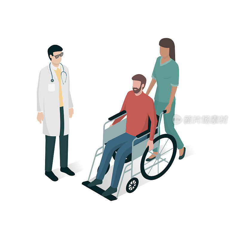医生和护士协助一个坐在轮椅上的男人