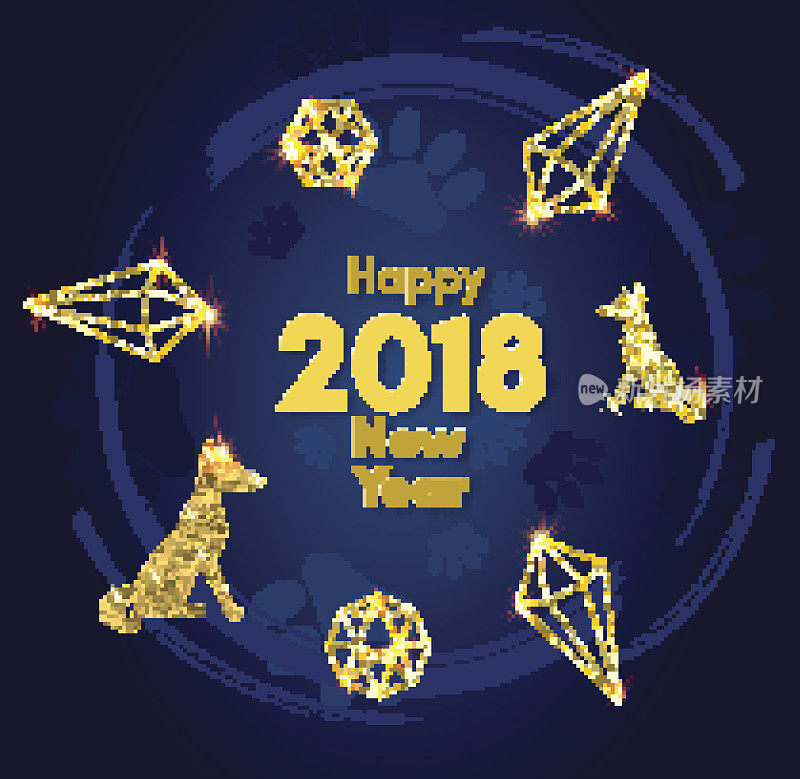 2018中国新年黄狗概念与金色矢量爪轨道，闪光，箔纹理，动物剪影，蓝色背景与灯，模板日历，海报，横幅，贺卡