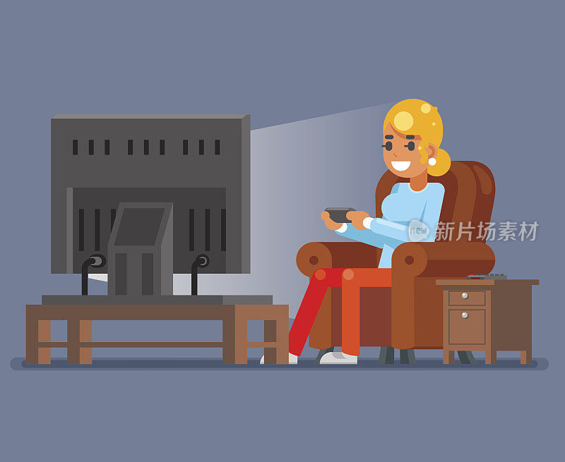 玩家年轻女孩看电视玩游戏坐扶手椅卡通人物平面设计矢量插图