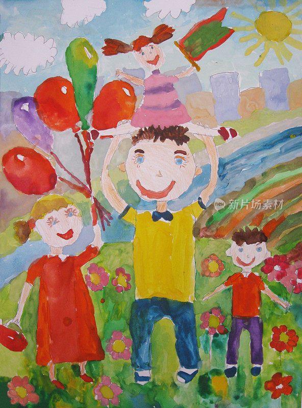 孩子们画着幸福的家庭在户外散步