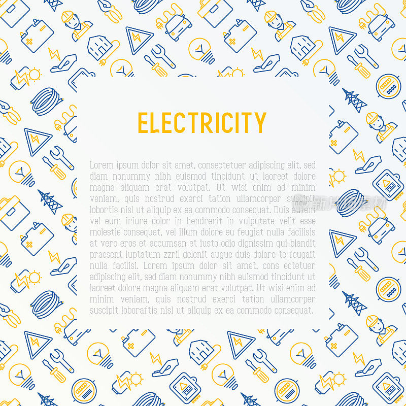 电学概念与细线图标:电工，灯泡，塔，工具箱，电缆，电动车，手，太阳能电池。矢量插图的旗帜，网页，印刷媒体。