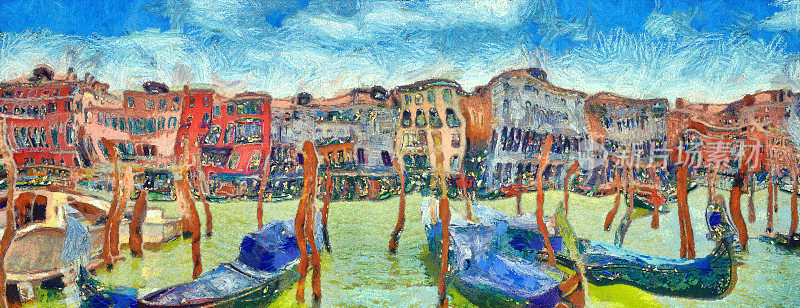威尼斯大运河配贡多拉，数字模仿梵高的绘画风格