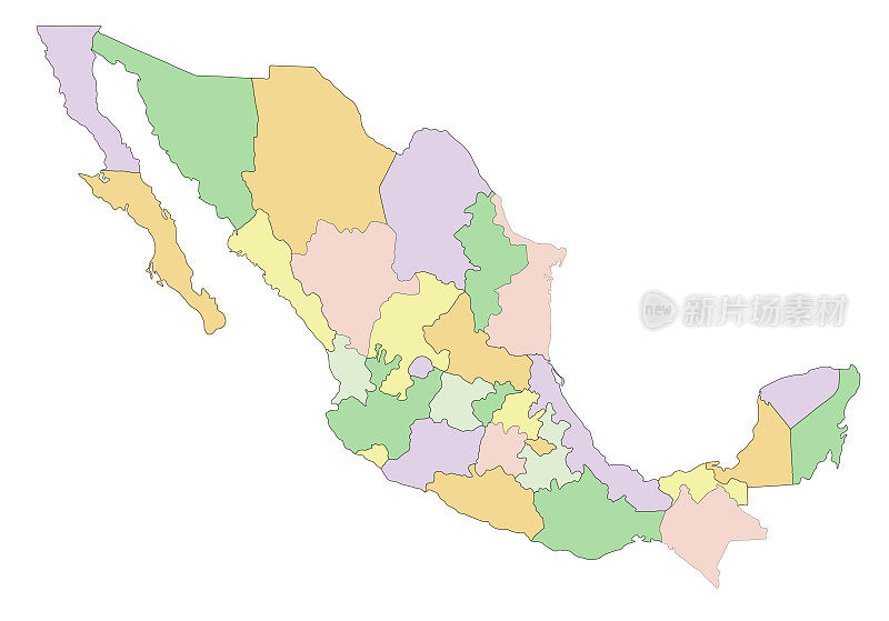 墨西哥-高度详细的编辑政治地图。