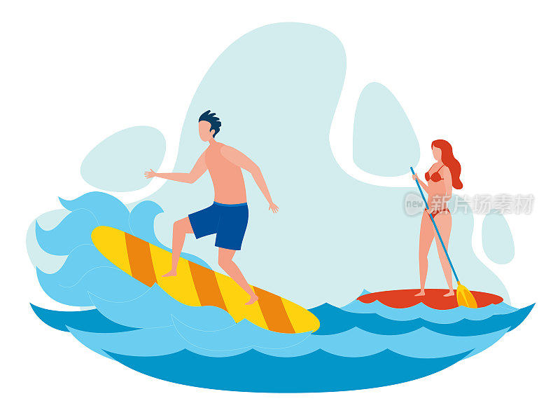 女人和男人冲浪平面矢量插图