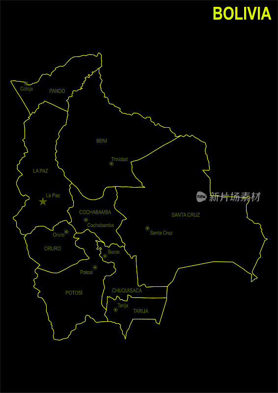黑色背景下的玻利维亚霓虹灯地图