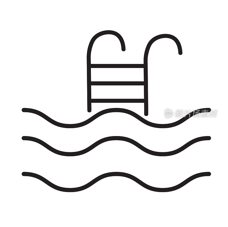 游泳池的梯子和水的图标在细线风格