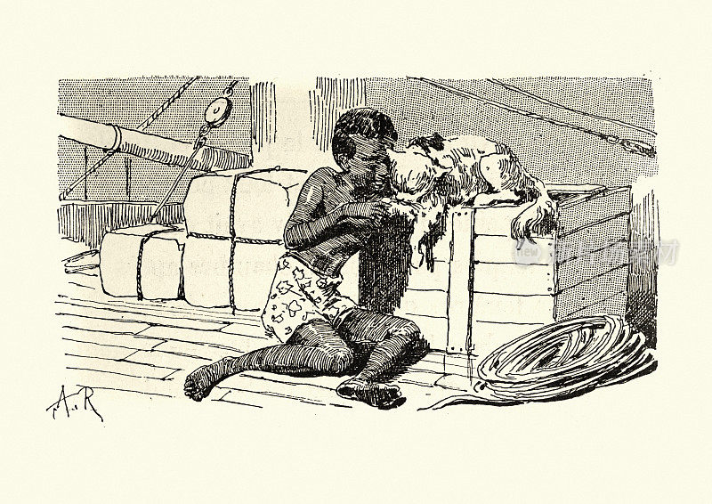 19世纪维多利亚时代，男孩在玩船猫