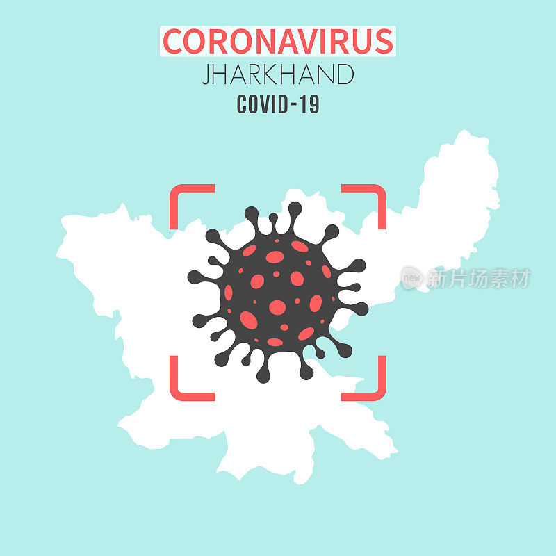 贾坎德邦地图，红色取景器中有冠状病毒(COVID-19)细胞