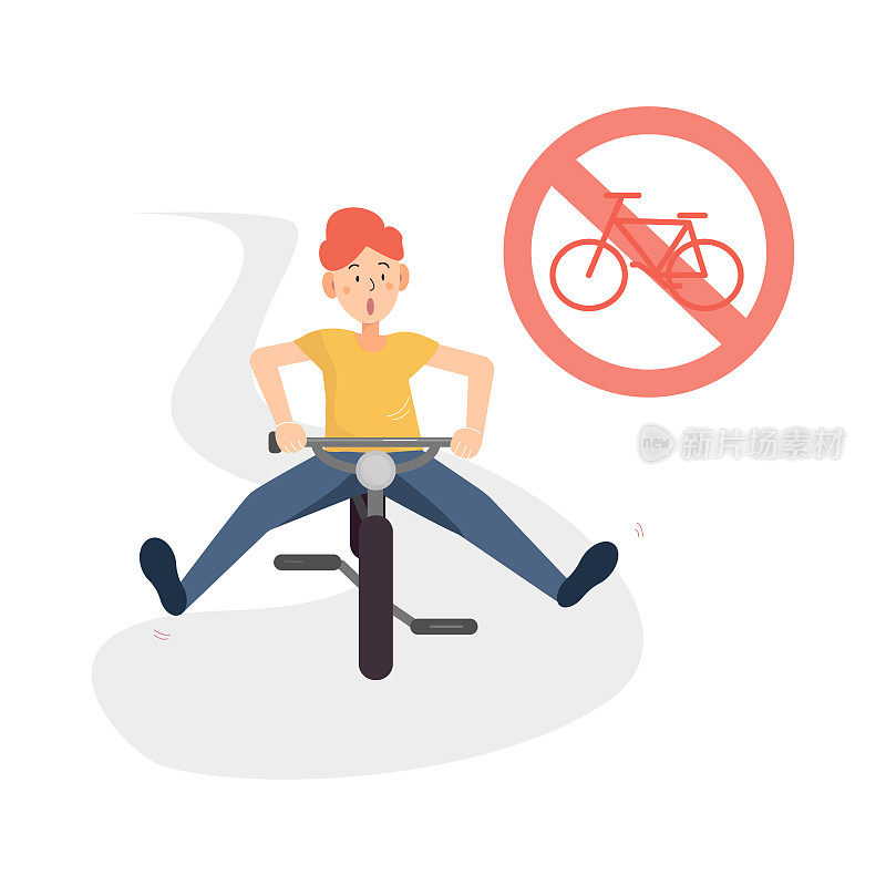 十几岁的男孩骑着自行车突然刹车，因为停车标志。青少年与骑自行车者的交通规则观念。自行车是被禁止的。