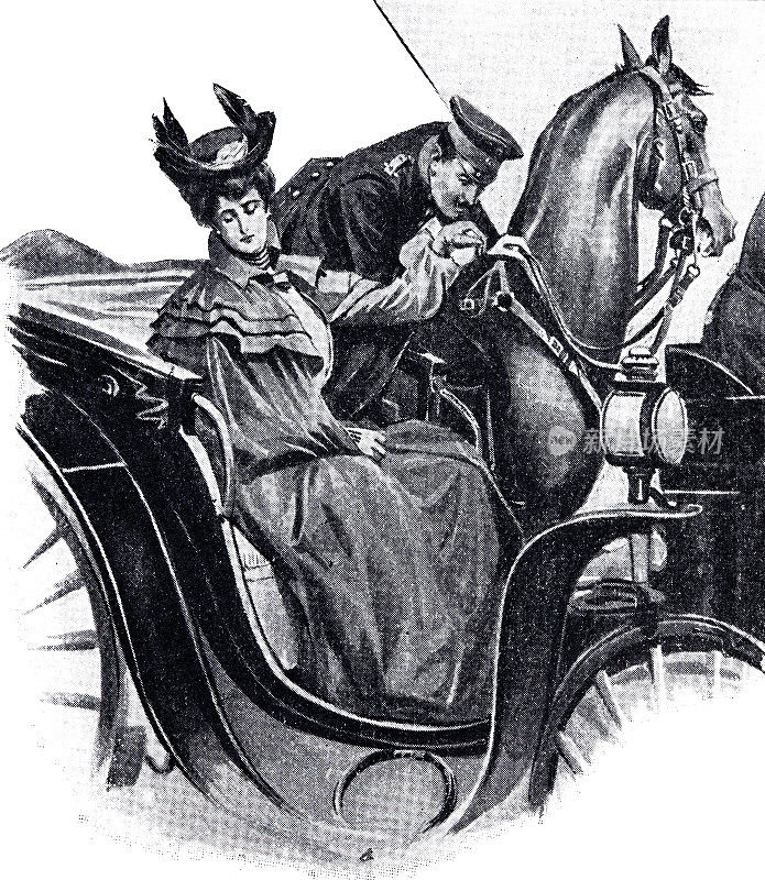 坐在马车上的优雅女士正在接受骑马男子的手吻