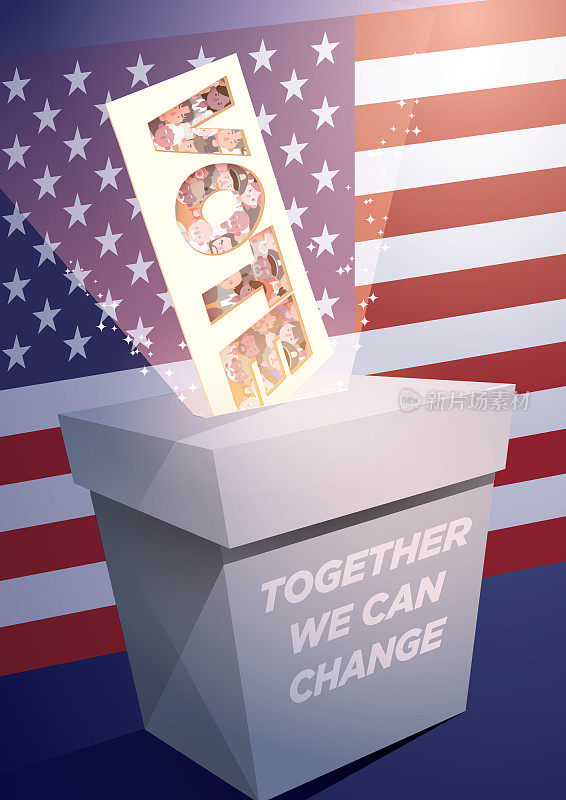 一张美国公民的票，形成的字体，进入投票箱与神奇的光