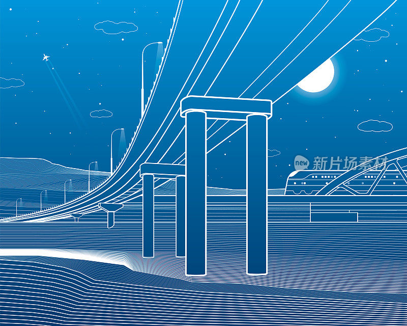概述公路桥。汽车天桥。火车。基础设施插图。矢量设计艺术。蓝色背景上的白线。
