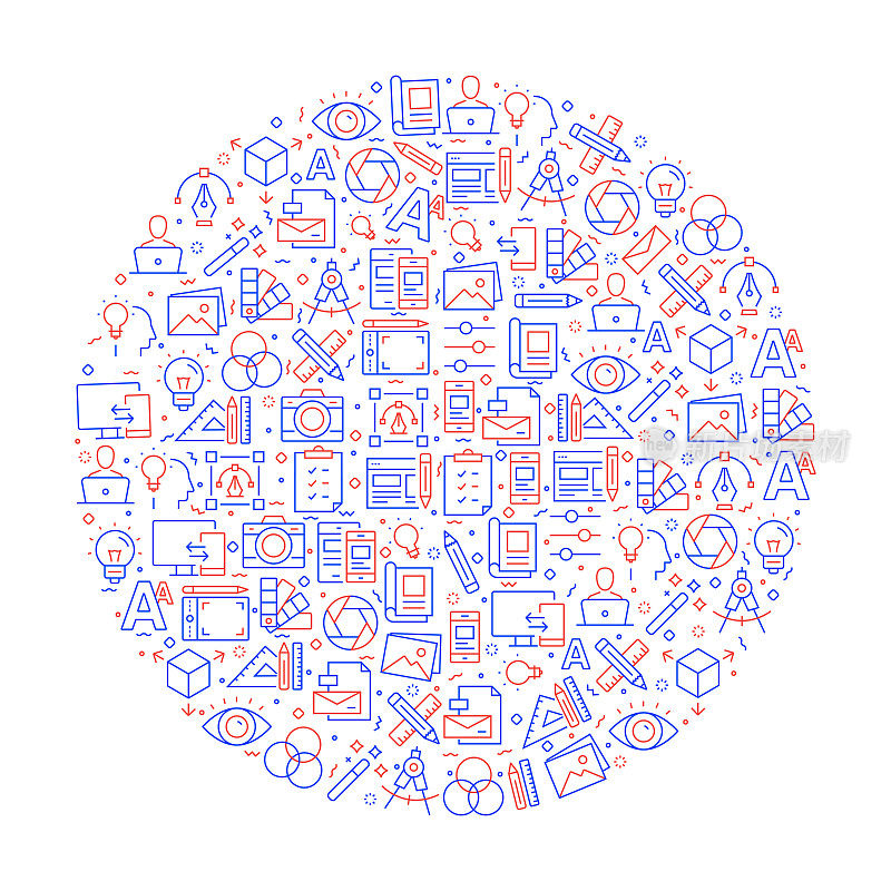 图形设计与图标相关的模式。现代线条风格矢量插图