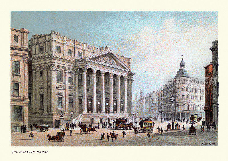 大厦，维多利亚伦敦建筑，19世纪艺术版画