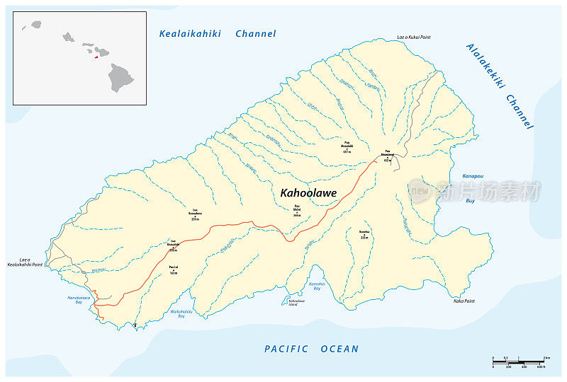 夏威夷群岛最小岛屿的矢量地图，卡霍奥拉维，夏威夷