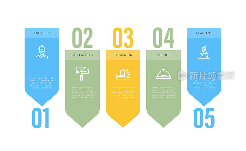 信息图设计模板。工程师，油漆辊，挖掘机，头盔，规划图标与5个选项或步骤。