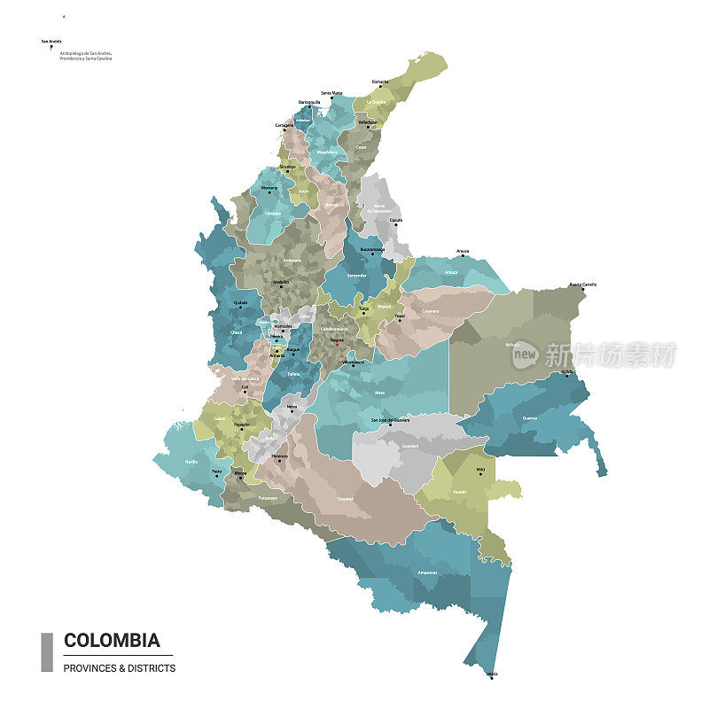 哥伦比亚高详细地图与细分。哥伦比亚行政地图与地区和城市名称，颜色由州和行政区域。矢量插图。