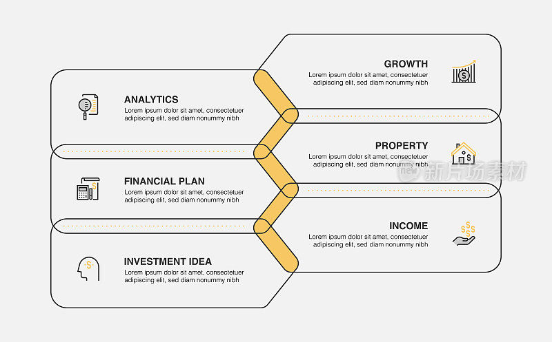 信息图表设计模板。分析，增长，财务计划，财产，投资想法，收入图标6个选项或步骤。