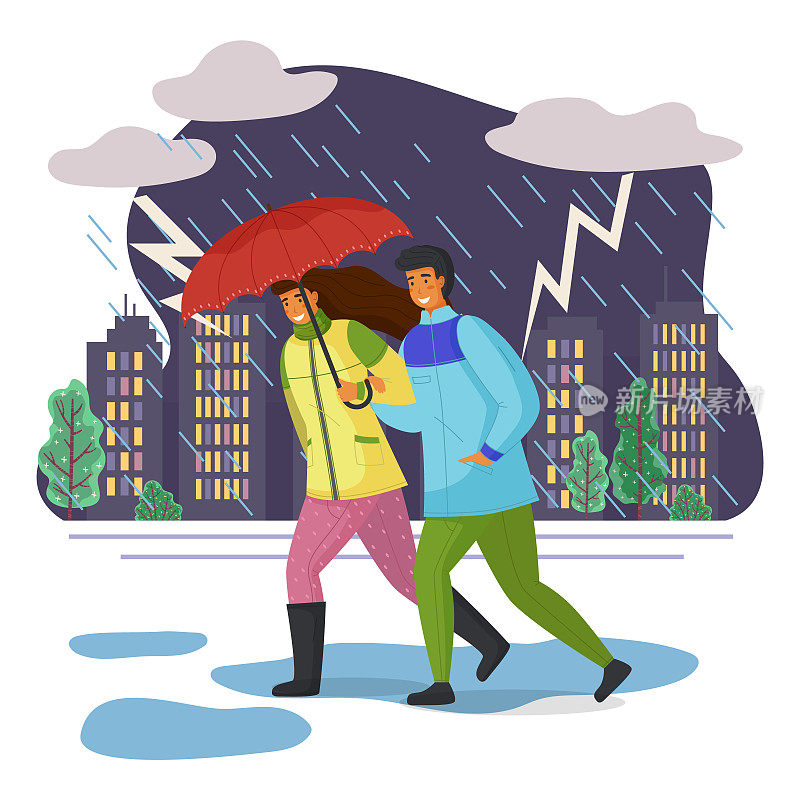 一对夫妇在倾盆大雨中，躲在伞下。夜城，闪电闪烁，大雨倾盆