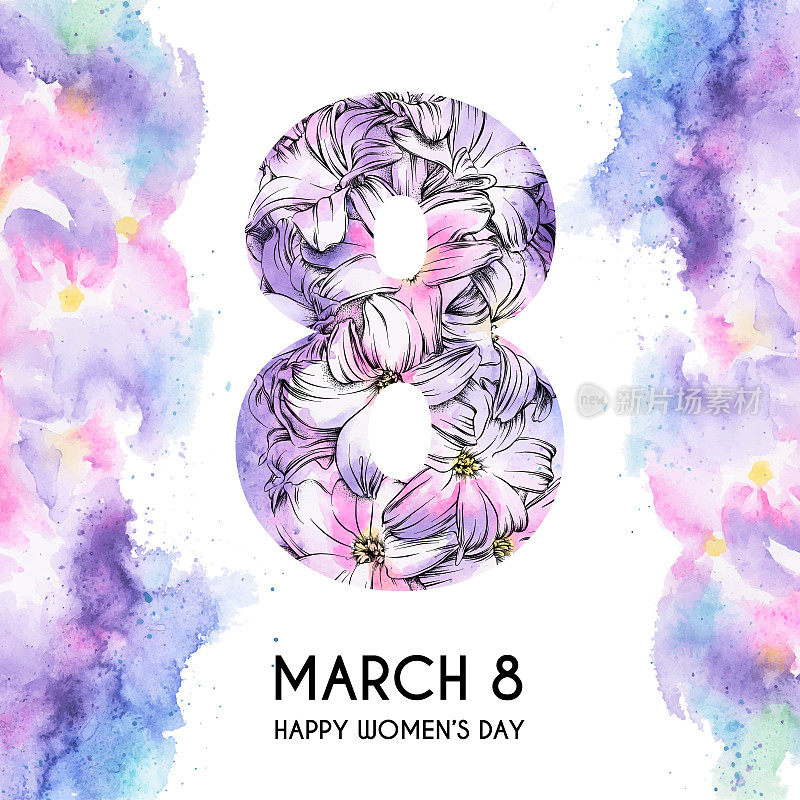 快乐妇女节矢量插图与水彩和墨水风信子花