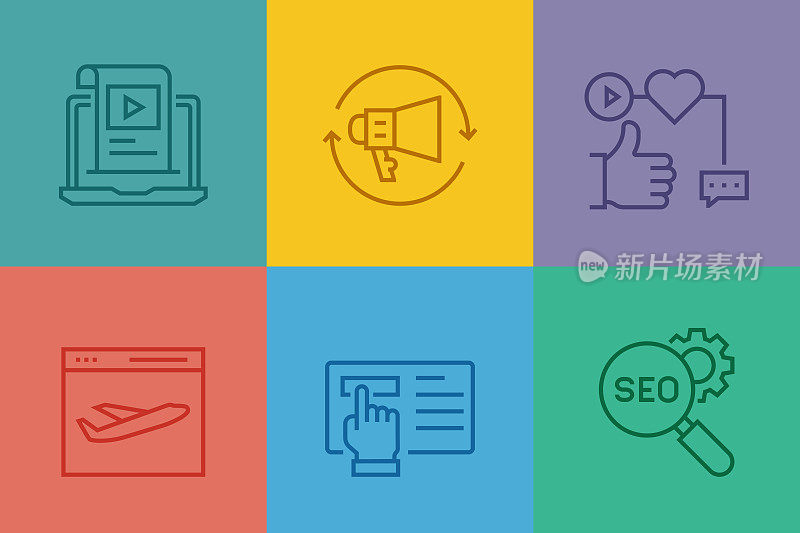 入站营销相关线路图标。向量符号说明。