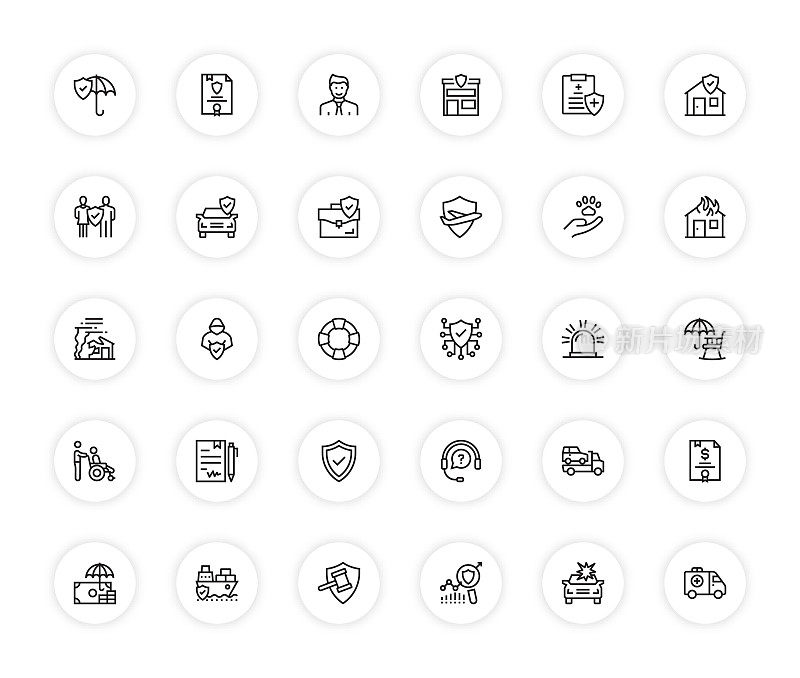 保险和保护相关的线图标，轮廓矢量符号插图。