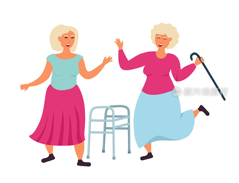 老奶奶的老人们扔掉拐杖和助行器跳舞。那个老人在寻开心。矢量插图孤立在白色背景上。