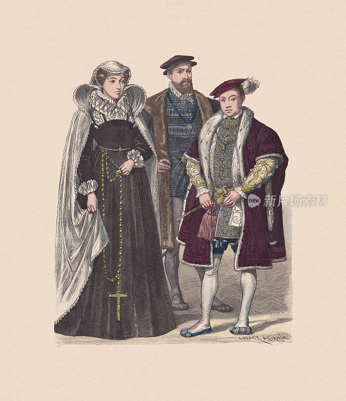 16世纪，英国服装，手工木刻，约1880年出版