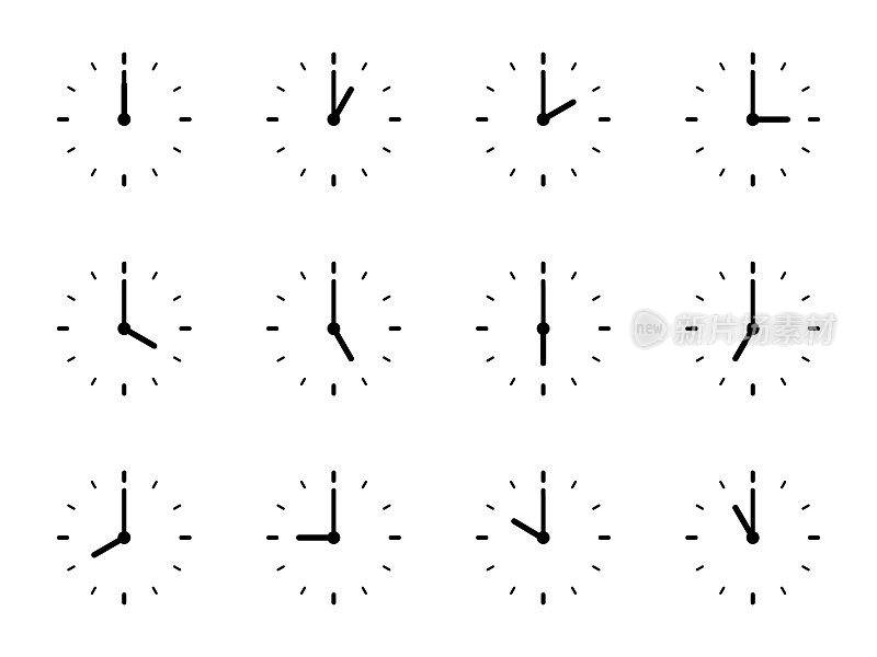 时钟时区设置-矢量插图。不同时区的时间。箭头-钟面上的小时，分钟。时钟时间流逝。
